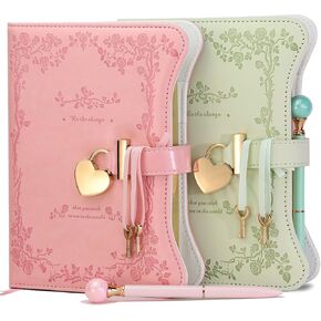 Diary with Lock and Keys for Girls Gift, 360 Gold Edged Pages Journal for Women, B6 Refillable Notebook for Writing with Pen and Bookmark- Pink+ Light Matcha