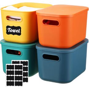 Tanlade 8 Pcs Plastic Storage Bins Stackable Baskets with Lid and Handle Colorful Desktop Storage Box Cubby Containers for Shelf Bedroom Office, Include 1 Erasable Marker, 16 Stickers (10 x 7 x 6 In) in Kuwait
