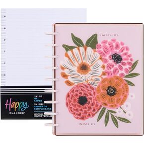 Happy Planner Disc-Bound 12 شهر يوليو. 2025-يونيو. 2026 حزمة مخطط أفقي كلاسيكي مع حزمة ملء ملء 100 ورقة ، فلورا الريش