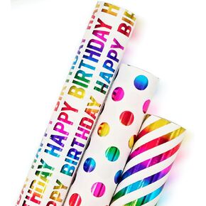 Jestar Happy Birthday Wrapp Paper ، 3 Rolls Gift Paper Mini Roll Wapp Paper Roll Polka Dots Stripes for Kids Boys Over Birthday Shower ، 17 Inges × 120 قدمًا