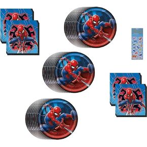 في Ultimate Spiderman Birthday Party Supplies Pack Pack for 24 تشمل 24 لوحة و 32 مناديلًا وملصقات ديناصور واحدة