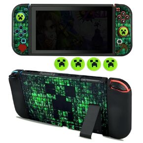 Protective Case for Nintendo Switch, Switch Case & Thumb Grips Caps Soft Dockable Case for Nintendo Switch Case with Shock-Absorbent & Anti-Scratch Switch Cover Slim Shell with 4 Pcs Joystick Cover (Green)