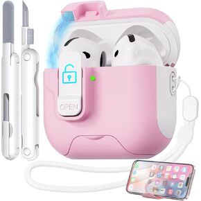 6-in-1 Case for AirPods 4 with Phone Stand, TNSNK Secure Lock Case for Apple AirPods 4th Gen 2024 for Women Girly, Pink Case Cover with Cleaner Kit & Lanyard, Auto Open, Drop-Proof