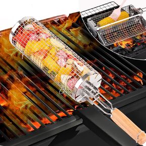 Rolling Grill Basket, Double-Handle Flip Grill Cylinders, BBQ Accessories for Vegetables, Outdoor Barbecue Cooking Camping Tools, Christmas Birthday Gifts for Men Dad Husband