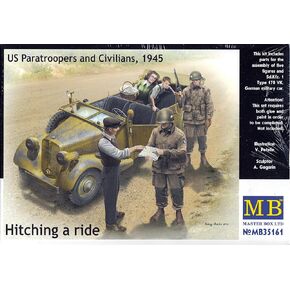 Masterbox Hitching a Ride, German SdKfz 1 Type 170VK Car Model Kit - 2 US Paratroopers and 3 Civilians (1/35 Scale)