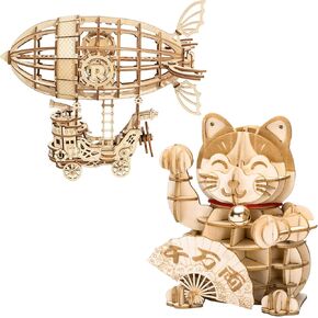 Rolife 3D Wooden Buzzles DIY Model Kits للبالغين والمراهقين لبناء هدية للعائلة والأصدقاء (Artship & Lucky Cat)