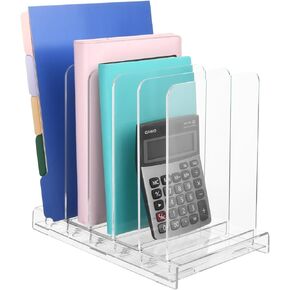 Homakover Acrylic Desk Organizer and File Organizer, 3 Slots Desktop File Organizer Standing Rack on Table for Magazines, Binders, Mails & CD Records Storage Holder with Detachable Dividers