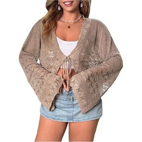 Floerns Women's Plus Size V Neck Long Flounce Sleeve Tie Front Knit Crop Cardigan in Kuwait