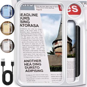 JARLINK 5X 10X Large Magnifying Glass for Reading, Rechargeable Magnifier with 3 Light Modes, 48 Adjustable LED Lights, Lightweight Handheld Magnifier for Seniors & Low Vision Readers, Black