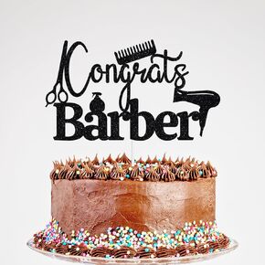 Glitter Congrats Barber Cake Topper - Barber School Graduate Cake Topper, Class of 2025 Hairdresser Congrats Grad Party Decorations Black