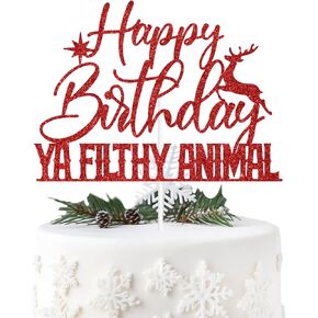 Red Glitter Happy Birthday Ya Filthy Animal Cake Topper, Christmas Happy Birthday/Merry Birthday, Xmas Christmas Themed Birthday Party Decorations Supplies