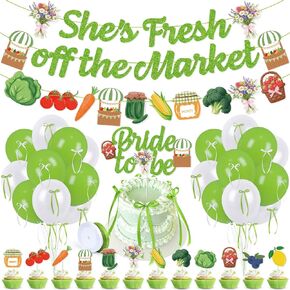 She's Fresh Off The Market Party Decorations, Vegetable Fruit Fresh Off The Market Bridal Shower Party Banner Cake Topper Balloon for Girl Farmers Market Gingham Garden Bachelorette Engagement Wedding