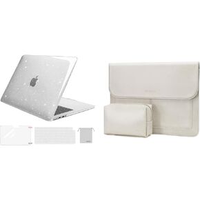 MOSISO 13 inch PU Leather Flap Laptop Sleeve with Stand&Small Pouch&Compatible with MacBook Air 13.6 Case 2022-2024, Sparkly Glitter Case&Keyboard Cover&Screen Protector&Storage Bag, Transparent&Beige