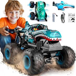 Bezgar Monster Truck Toys - شاحنات وحش التحكم عن بعد مع الضوء والموسيقى ولعب الديناصورات للأطفال وشاحنة RC 1:20 مع 360 درجة تدور والانجراف ، والسيارة التحكم عن بُعد للأولاد مع قذائف سيارة اثنين