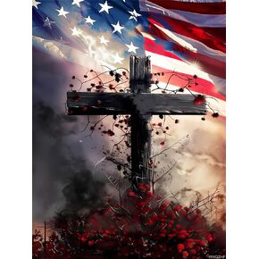 WXQZHF Diamond Painting Kits 5D The Cross and The American Flag Diamond Art with Accessories Tools American Flag Painting with Diamond Relaxation and Home Wall Decor 12x16 inch