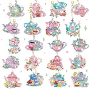 Misdary 20 Pcs Flower Tea Party Diamond Painting Keychains 5D Spring Teacup DIY Decorative Double Sided Diamond Key Chain Kit Pendant Crafts Making for Spring Floral Tea Party