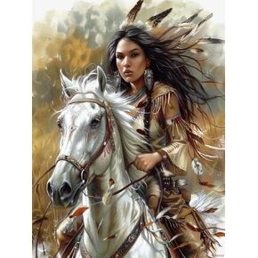 HMDIIMGE 5D Diamond Art Painting by Number Kits للبالغين أمريكيين أمريكيين هندي امرأة ركوب الحصان DIY مع الحفر الكاملة مستديرة للأحجار الكريمة الفنية لديكور الجدار المنزلي 12x16 بوصة