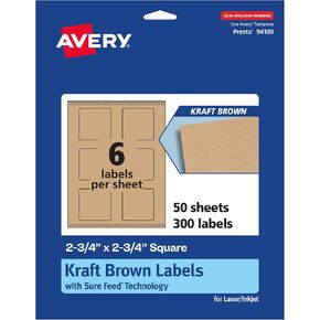 Avery Kraft Brown Square Labels with Sure Feed, 2.75" x 2.75", 300 Kraft Brown Labels, Print-to-The-Edge, Laser/Inkjet Printable Labels