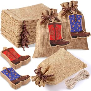 Mooliwe 50 PCS Burlap Carphstring Bass with Boot Shape Tags ، Western Cowgirl Sacks Bulk 4 × 6 بوصات قابلة لإعادة الاستخدام.
