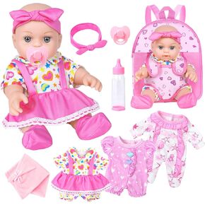 Dontno 12 Inc Baby Doll مع حاملة الظهر وملحقاتها ، وتشمل دمية Baby Baby 3 أجهزة كمبيوتر ملابس وزجاجات ، وحلمي ، وقطعة قماش تجفئة ، ودمى الطفل الأولى للأطفال الصغار 36 شهرًا وما فوق