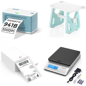 MUNBYN Bluetooth Thermal Label Printer 941B+Thermal Direct Shipping Label (Pack of 500 4x6 Fan-Fold Labels)+Label Holder for Rolls and Fanfold Labels+Shipping Scale, Accurate 66lb/0.1oz Postal Scale