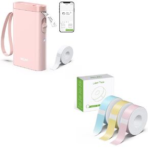Nelko Pink Label Maker Machine with Tape, P21 Thermal Label Printer, Adapted Label Print Paper, 14x40mm (0.55"x1.57"), 180 Tapes/Roll, 3 Rolls, Blue/Yellow/Pink