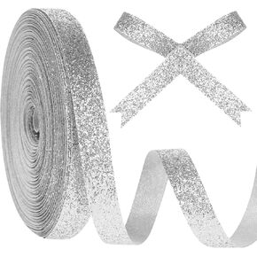 Silver Glitter Ribbon, 3/8 Inch x 50 Yards Glitter Ribbon, Silver Cut Edge Christmas Ribbons, Sparkly Ribbons Garland, Gift Wrapping for Crafts, Chritmas Tree Decoration, Ornaments Decoration