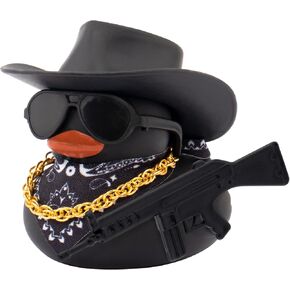 Wonuu Black Rubber Duck Car الحلي Dashboard Decorations لإكسسوارات السيارات الباردة مع قلادة قبعة رعاة البقر والنظارات الشمسية ، AK47