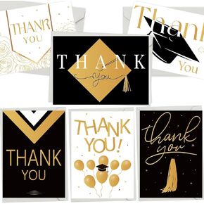 24 Pack Graduation Thank You Cards Bulk 2025 with Envelopes - Gold Foil 300GSM Thick and Blank Grad Thank You Cards Notes, 6 Cover Designs