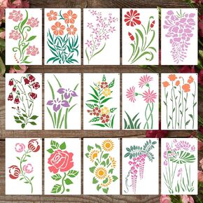 15PCS Flower Stencils, Wildflower Leaf Painting Stencils, Reusable PET Art Drawing Templates, DIY Crafts Plant Stencil for Painting on Wood Wall Paper Canvas Home Decor