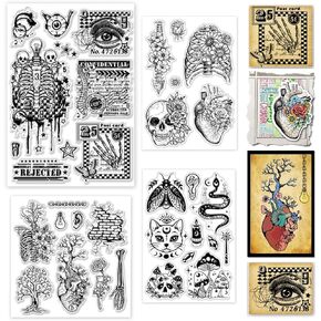 GLOBLELAND 4 Sheets Divination Clear Stamps for DIY Scrapbooking Skeleton Flower Silicone Clear Stamp Seals Transparent Stamps for Cards Making Photo Album Journal Home Decoration