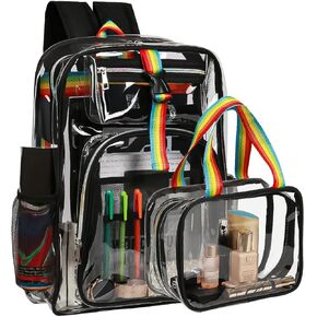 2 Pieces Heavy Duty Clear Backpack(Rainbow/Black), PVC Waterproof Transparent Bag With Cosmetic Bag, See Through Book Bag With Lunch Bag, Stadium Approved, for School, Work, Women, Men