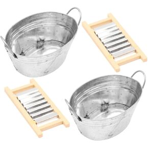 BESPORTBLE 2 Sets Dollhouse Wash Tub with Washboard Miniature Laundry Basin Mini Tinplate Washing Set 1: 12 Scale Washboard Wash Tub for Dollhouse Furniture