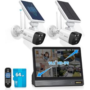 OOSSXX Solar Security Camera Wireless Outdoor System,Power 4MP Solar/Battery Powered Cameras for Home Security Systems,10" LCD Monitor & 64GB 10CH NVR,no WiFi Needed,no Subscription,Surveillance