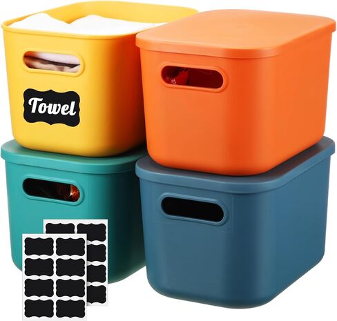 Tanlade 8 Pcs Plastic Storage Bins Stackable Baskets with Lid and Handle Colorful Desktop Storage Box Cubby Containers for Shelf Bedroom Office, Include 1 Erasable Marker, 16 Stickers (10 x 7 x 6 In) in Kuwait