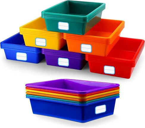 Hoolerry 24 Pcs Plastic Cubby Storage Bins Classroom Cubby Organization with Self Adhesive Labels Bin Small Stackable Storage Containers Toy Book Box for School(11.5 x 7.5 x 5 Inch,Colorful) in Kuwait