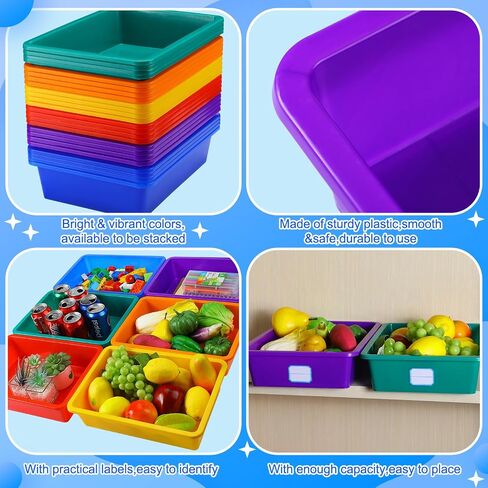 Hoolerry 24 Pcs Plastic Cubby Storage Bins Classroom Cubby Organization with Self Adhesive Labels Bin Small Stackable Storage Containers Toy Book Box for School(11.5 x 7.5 x 5 Inch,Colorful) in Kuwait