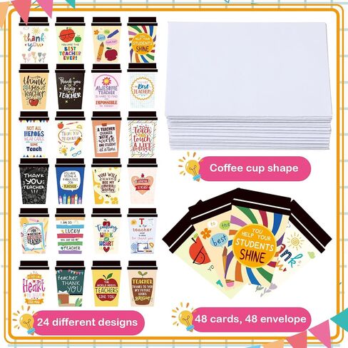 Outus 48 Pack Teacher Thater That You Cards تقدير بطاقات فنجان القهوة المطبوعة مع مظاريف لمساعد مساعد معلمي العمل في العمل ، فورم. in Kuwait