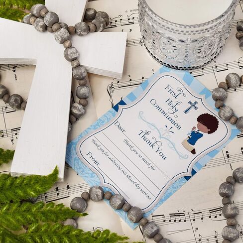 First Holy Communion Religious Thank You Notes for Boys (Light Skin, Brown Hair), Ten 4" x 5.5" Fill In The Blank Cards with 10 White Envelopes by AmandaCreation in Kuwait