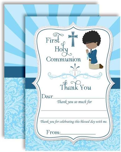 First Holy Communion Religious Thank You Notes for Boys (Light Skin, Brown Hair), Ten 4" x 5.5" Fill In The Blank Cards with 10 White Envelopes by AmandaCreation in Kuwait