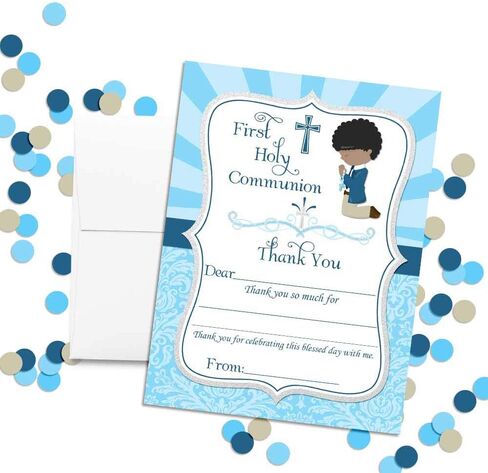First Holy Communion Religious Thank You Notes for Boys (Light Skin, Brown Hair), Ten 4" x 5.5" Fill In The Blank Cards with 10 White Envelopes by AmandaCreation in Kuwait