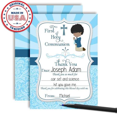 First Holy Communion Religious Thank You Notes for Boys (Light Skin, Brown Hair), Ten 4" x 5.5" Fill In The Blank Cards with 10 White Envelopes by AmandaCreation in Kuwait