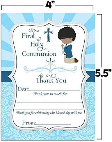 First Holy Communion Religious Thank You Notes for Boys (Light Skin, Brown Hair), Ten 4" x 5.5" Fill In The Blank Cards with 10 White Envelopes by AmandaCreation in Kuwait