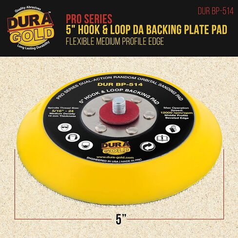 Dura-Gold Pro Series 5" Hook & Loop DA Backing Plate Pad, 8 Hole Pattern Dustless - Low Profile Edge, Medium Density, Dual-Action Random Orbital Sanding Pad, Sander Polisher Auto Woodworking Sandpaper in Kuwait
