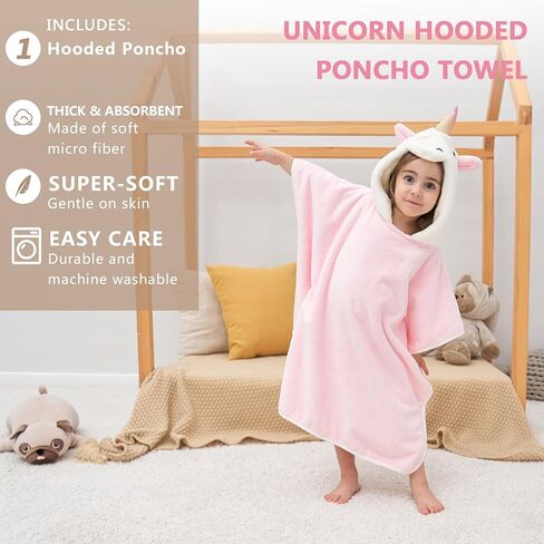 PINNKKU 3D Unicorn Hooded Towel, Ultrasoft & Absorbent Bath Towel for Babies, Infant, Toddler and Kids, Beach Poncho Towels, Gifts for Girl 28" x 55" (Pink) in Kuwait