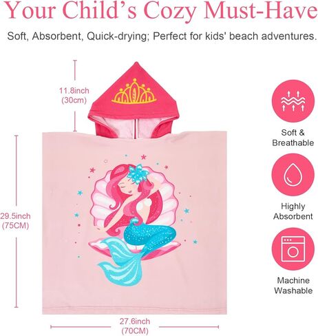 PINNKKU 3D Unicorn Hooded Towel, Ultrasoft & Absorbent Bath Towel for Babies, Infant, Toddler and Kids, Beach Poncho Towels, Gifts for Girl 28" x 55" (Pink) in Kuwait