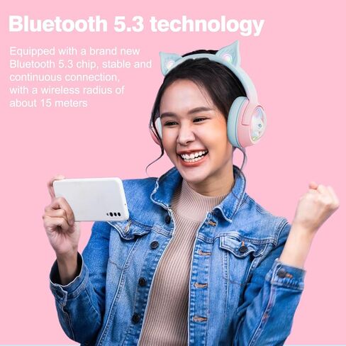 Cute Cat Bluetooth Headphones, Wireless & Wired Mode Headset with Mic, RGB LED Light, for Girls Women School Gaming, Compatible with Mobile Phones Tablet in Saudi Arabia