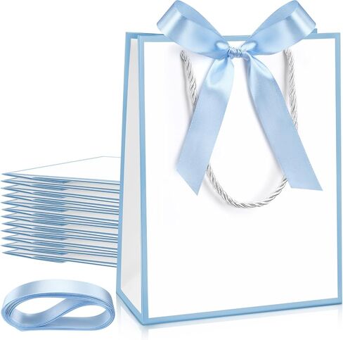 Silkfly 12 Pcs Thank You Gift Bags with Handles Elegant Gift Bags with Bow Ribbon for Wedding Bridal Baby Shower Birthday Party Housewarming(White, Light Blue) in Saudi Arabia