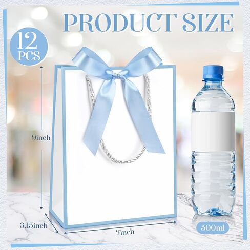 Silkfly 12 Pcs Thank You Gift Bags with Handles Elegant Gift Bags with Bow Ribbon for Wedding Bridal Baby Shower Birthday Party Housewarming(White, Light Blue) in Saudi Arabia