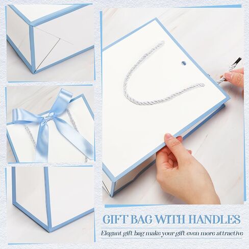Silkfly 12 Pcs Thank You Gift Bags with Handles Elegant Gift Bags with Bow Ribbon for Wedding Bridal Baby Shower Birthday Party Housewarming(White, Light Blue) in Saudi Arabia